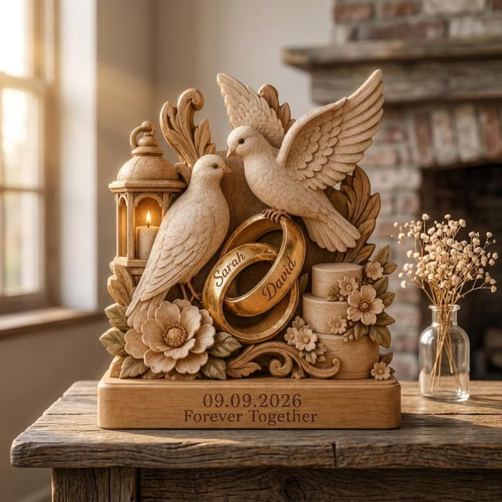 Custom Dove Couple Wedding Layer Wooden Plaque, Custom Dove Wedding Keepsake Wooden Block For Couple WD0887