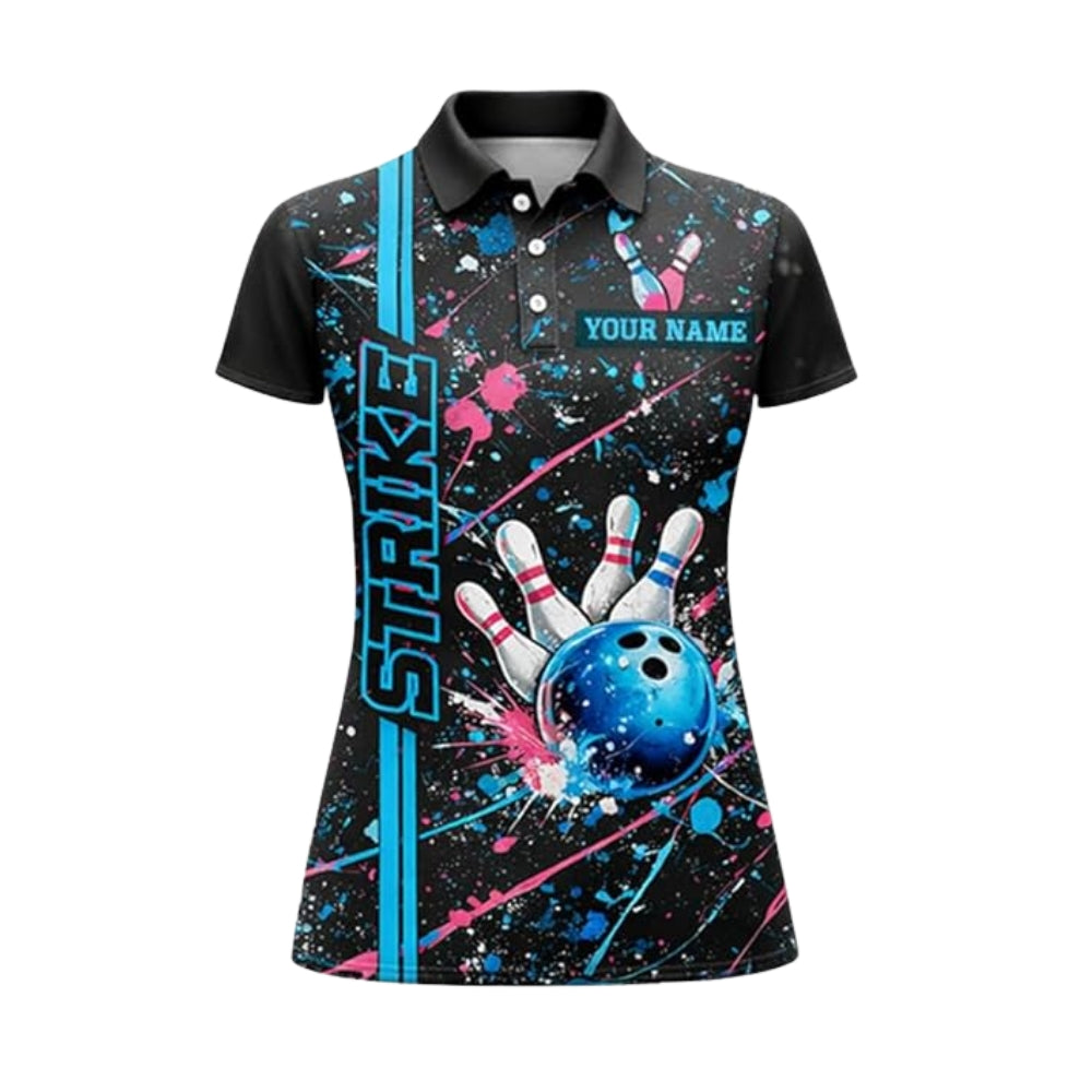 Custom Team Blue And Pink Splatter Bowling Polo Shirt Women, Custom Team Bowling Shirt For Ladies BZ0351
