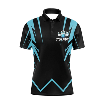 Custom Skeleton Black Cyan Bowling Mens Polo Shirt, Custom Skull Bowling Team Shirts BZ0986