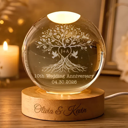 Personalized 10th Wedding Anniversary Crystal Ball Led Night Light, Custom 10 Years Anniversary Night Light WD0371