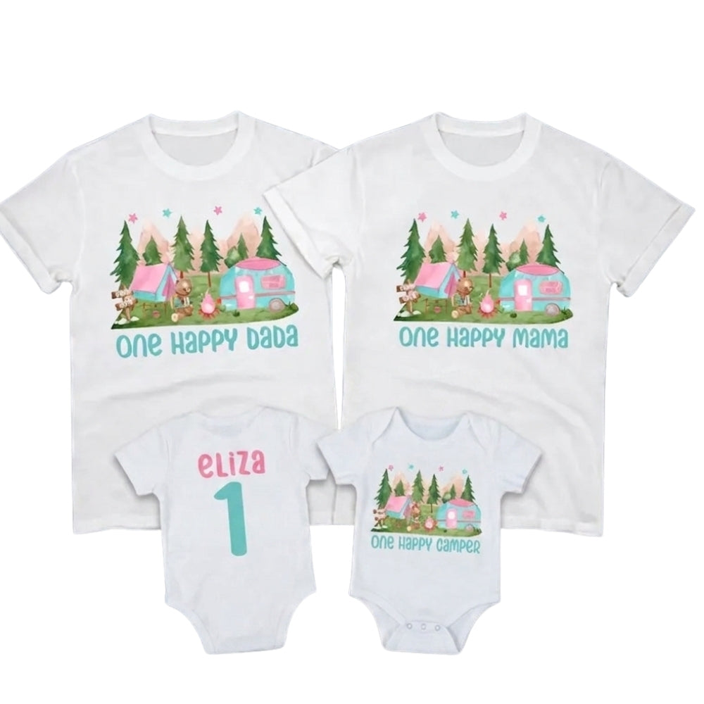 Custom One Happy Camper First Birthday Family Matching Shirts, Custom Camping Family Shirts For 1st Birthday ET1078