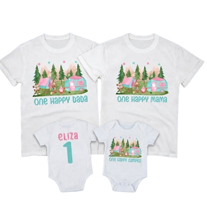 Custom One Happy Camper First Birthday Family Matching Shirts, Custom Camping Family Shirts For 1st Birthday ET1078