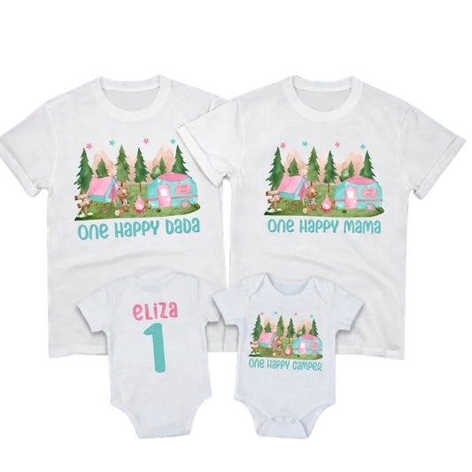 Custom One Happy Camper First Birthday Family Matching Shirts, Custom Camping Family Shirts For 1st Birthday ET1078