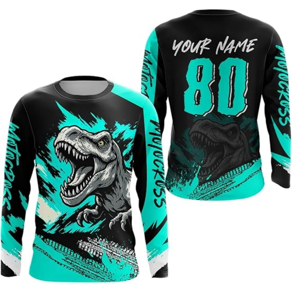 Custom Dinosaur Black And Red Men's Motocross Long Sleeve Jersey, Custom Dinosaur Motocross Jerseys MZ0021