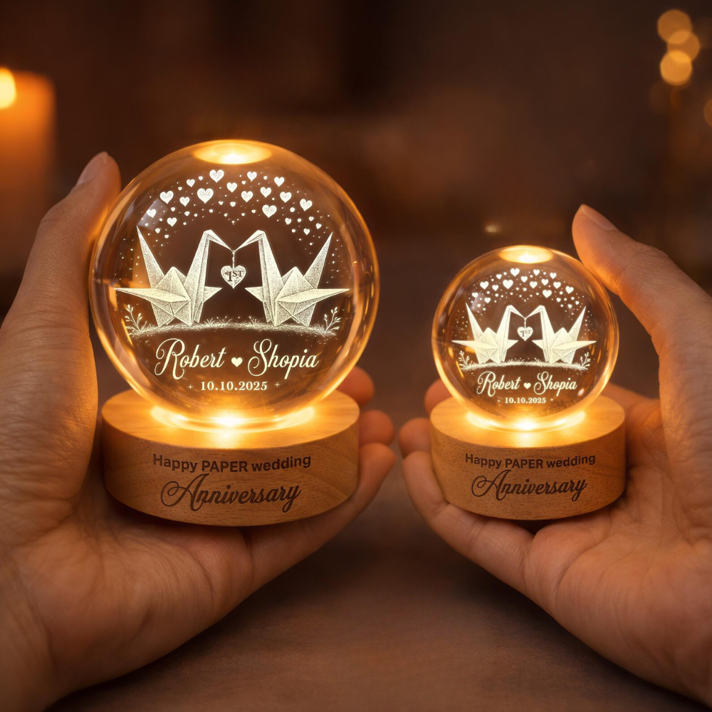 Custom Paper Wedding Anniversary Crystal Ball Led Night Light, Custom 1st Anniversary Night Light For Couple WD0843