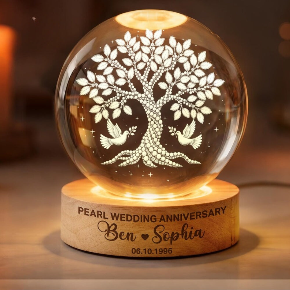 Custom Pearl Tree Crystal Ball Led Night Light Wedding Anniversary, Custom 30th Anniversary Couple Night Light WD0839