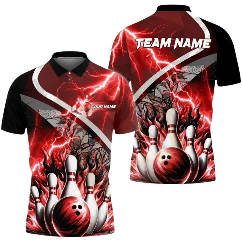 Blue Flame Custom Mens Bowling Polo Shirt, Custom Flame Thunder Bowling Team Shirts BZ0804