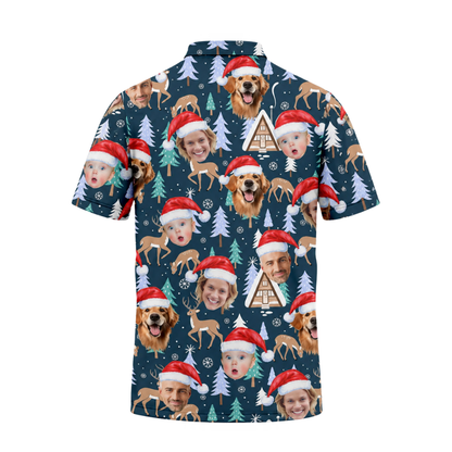Personalized Face Reindeer Pine Tree Christmas Men's Dark Teal Golf Polo Shirts , Custom Photo Christmas Golf Shirts GZ0455