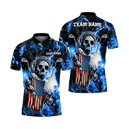 Custom Team Skeleton Fire Thunder USA Flag Golf Polo Shirts For Men, Custom Skull Golf Shirts GZ0465