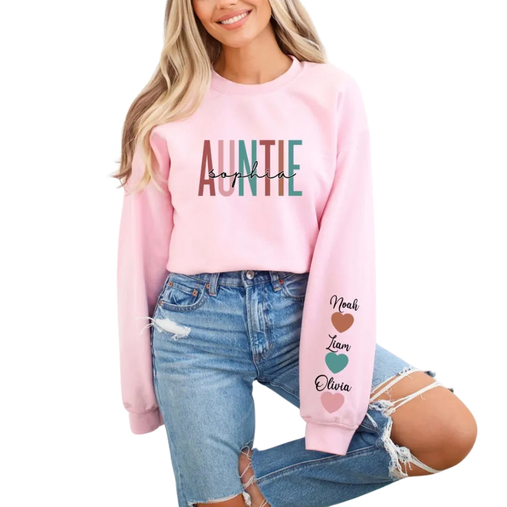Custom Auntie Sweatshirt With Kid Names on Sleeve, Custom Sweatshirt For Aunt 2D0414