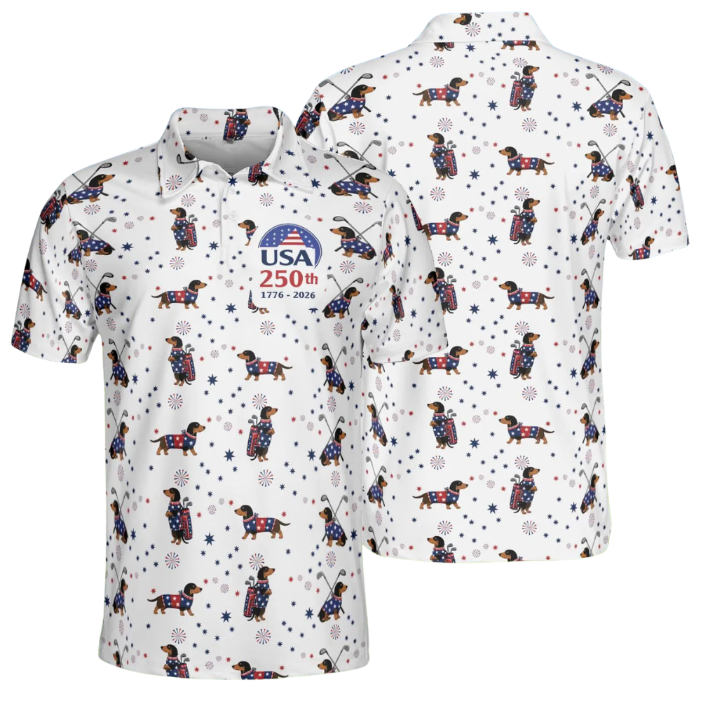 USA Flag 250th Dachshund Golf Mens Polo Shirt, Fourth Of July Dachshund Golf Shirts GE0551