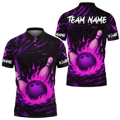Custom Flame Ball Bowling Mens Polo Shirt, Custom Flame Bowling Team Shirts BE0198
