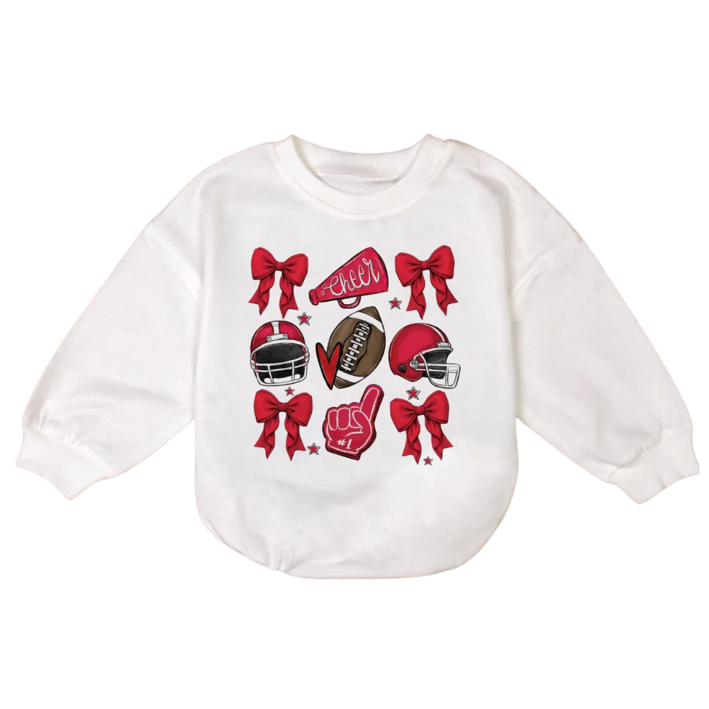 Football Cheer Coquette Bow Baby Romper Sweatshirt, Game Day Baby Romper Sweatshirt BB0025