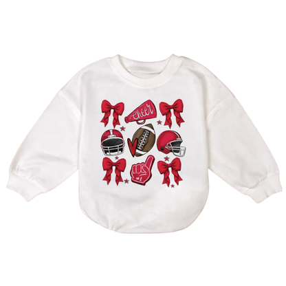 Football Cheer Coquette Bow Baby Romper Sweatshirt, Game Day Baby Romper Sweatshirt BB0025