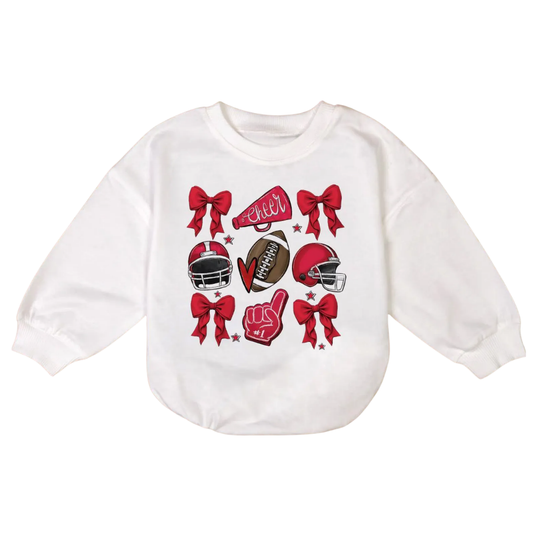 Football Cheer Coquette Bow Baby Romper Sweatshirt, Game Day Baby Romper Sweatshirt BB0025
