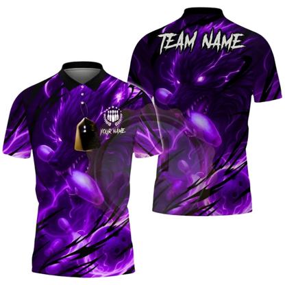 Wolf Blue Lightning Custom Mens Bowling Polo Shirt, Custom Wolf Bowling Team Shirt BZ0654
