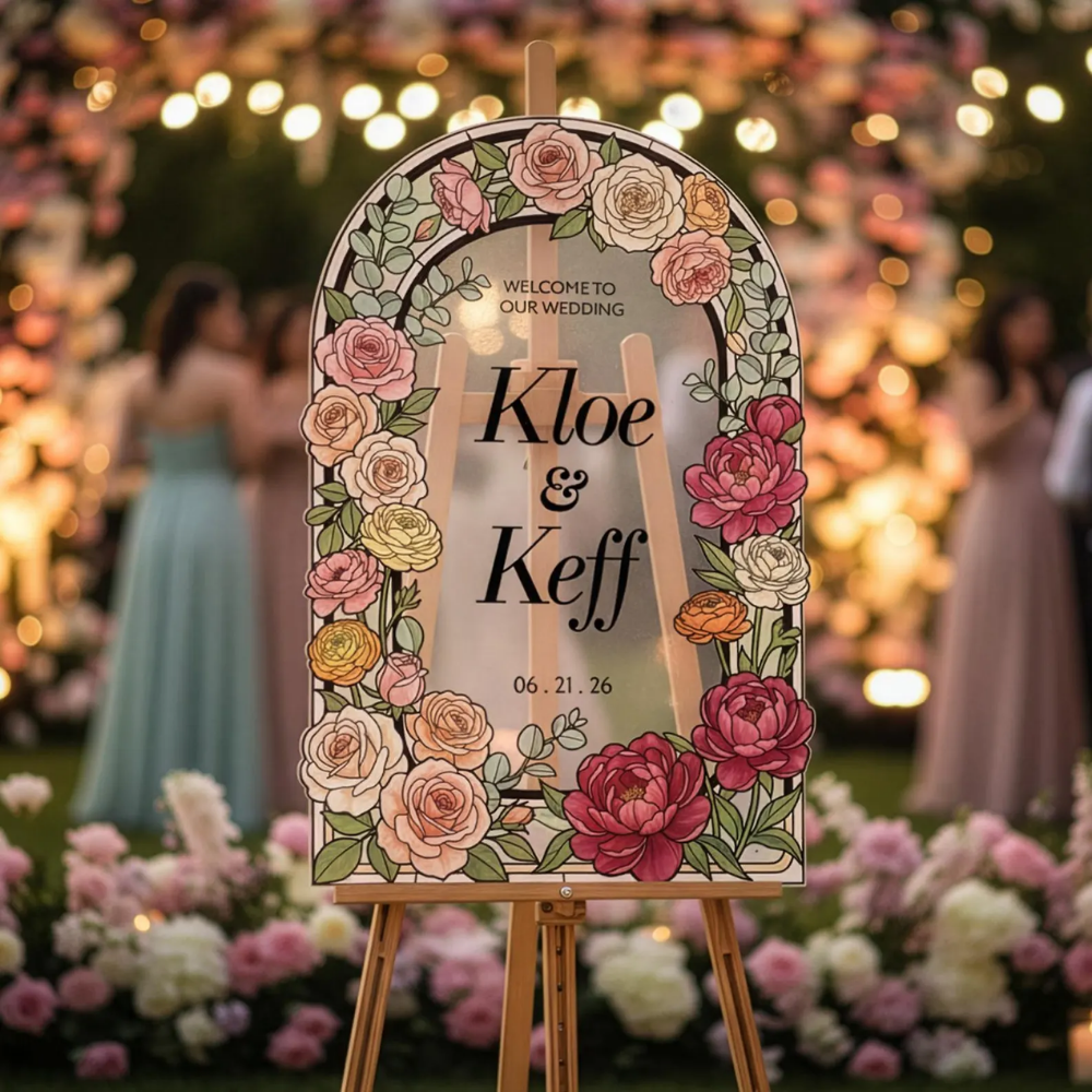 Personalized Colorful Roses Stained Glass Wedding Acrylic Mirror Sign, Custom Wedding Stained Glass Sign WD0727
