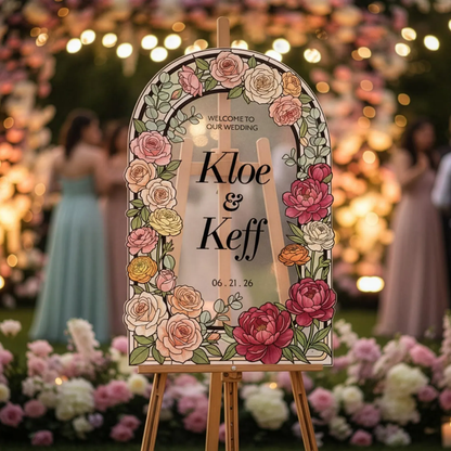 Personalized Colorful Roses Stained Glass Wedding Acrylic Mirror Sign, Custom Wedding Stained Glass Sign WD0727