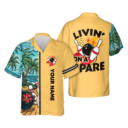 Livin' On A Spare Custom Tropical Bowling Hawaiian Shirts For Men, Custom Funny Bowling Shirts HB0200