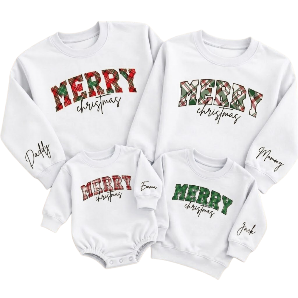Merry Christmas Plaid Custom Name Family Matching Sweatshirt, Custom Plaid Xmas Sweater For Family ET1703