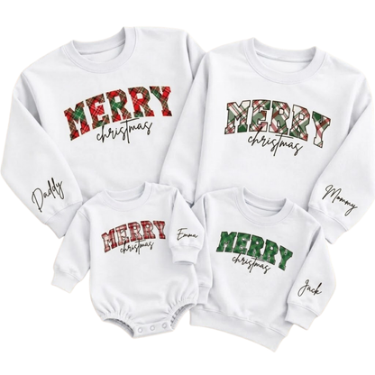 Merry Christmas Plaid Custom Name Family Matching Sweatshirt, Custom Plaid Xmas Sweater For Family ET1703