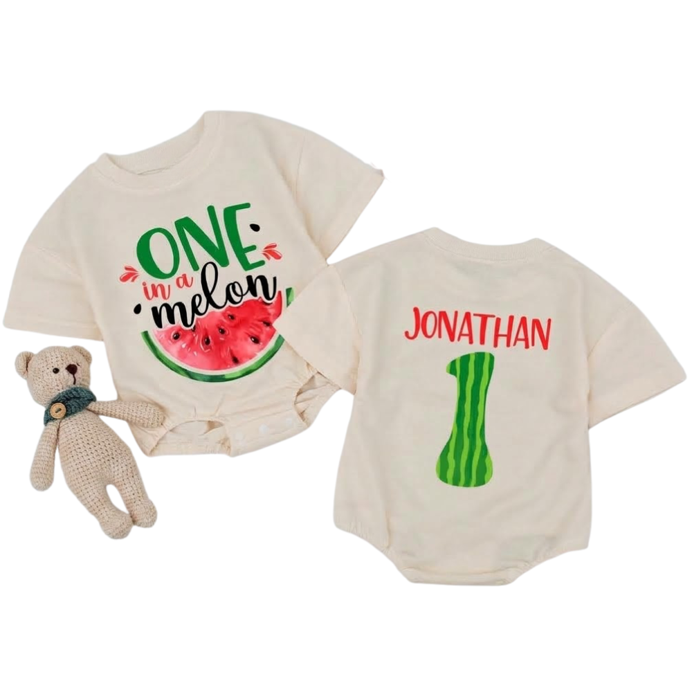 Custom One In a Melon Birthday Baby T Shirt Romper, Custom Watermelon First Birthday Romper BB0300