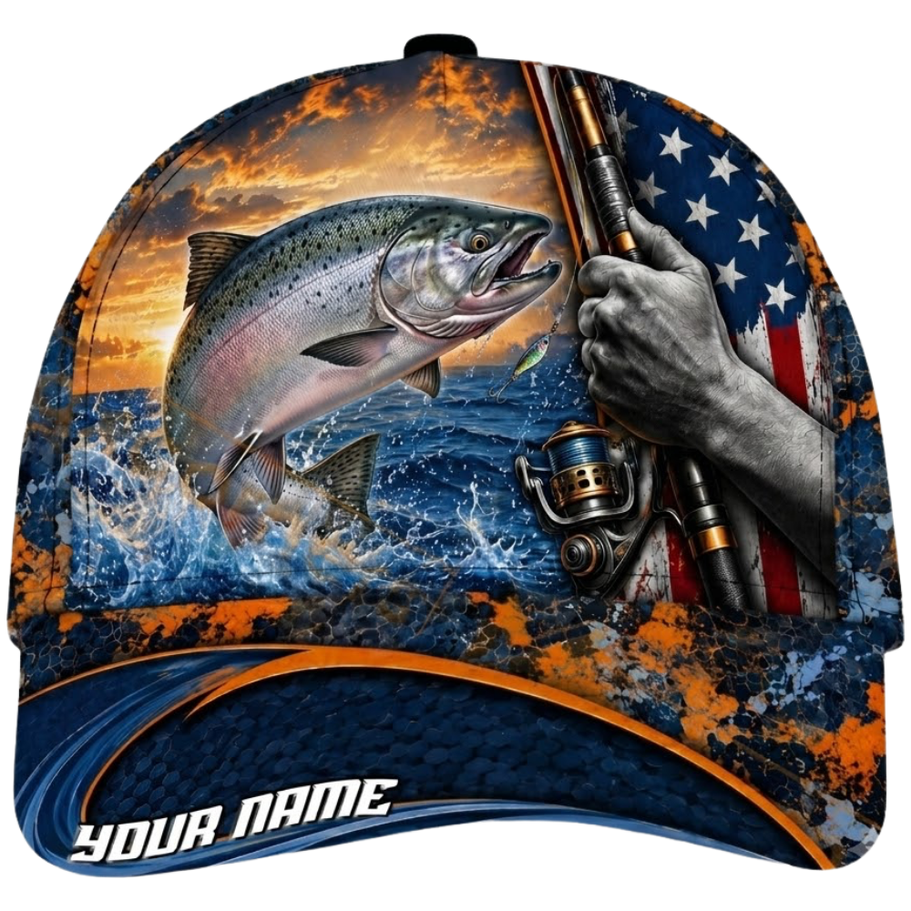 Custom Chinook Salmon Fish USA Flag Sunset Baseball Cap, Personalized Chinook Salmon Hat For Fishing Lover CP0608