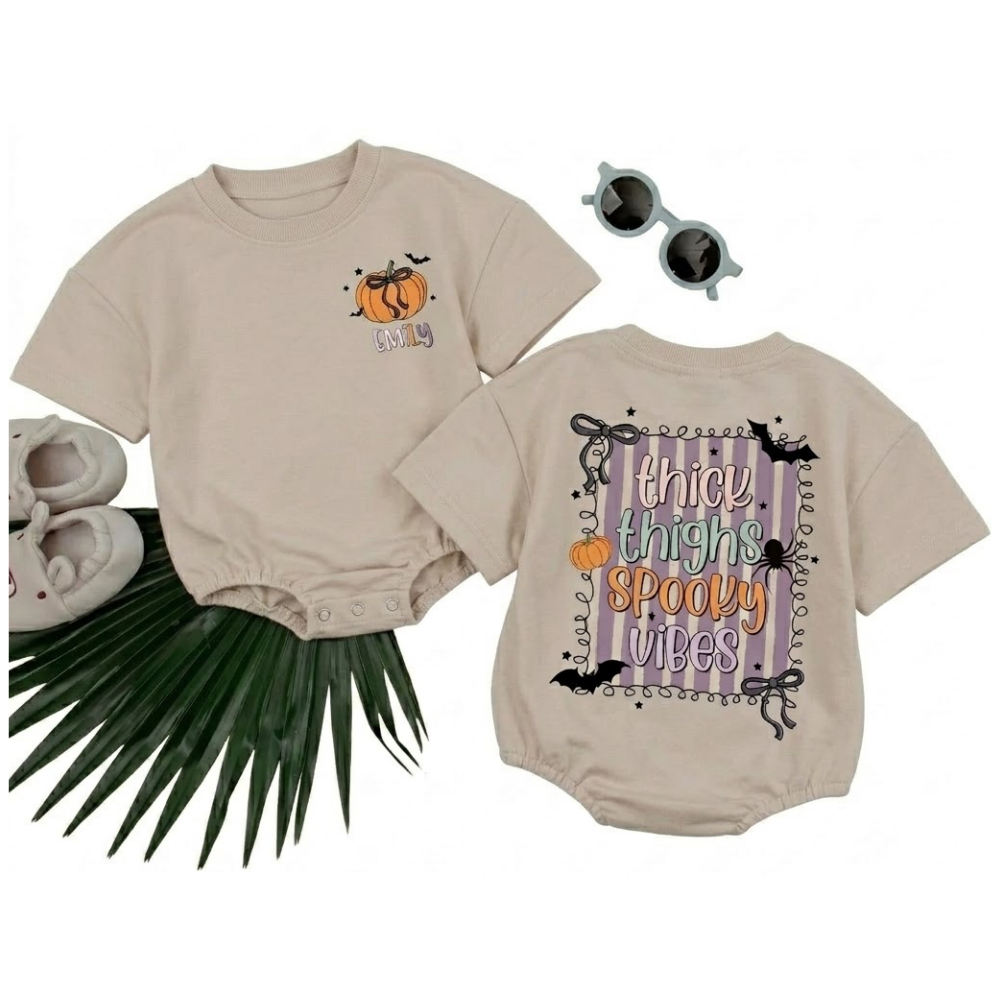 Thick Thighs Spooky Vibes Custom Baby Name Halloween TShirt Romper, Custom Funny Halloween Baby Romper BB0278