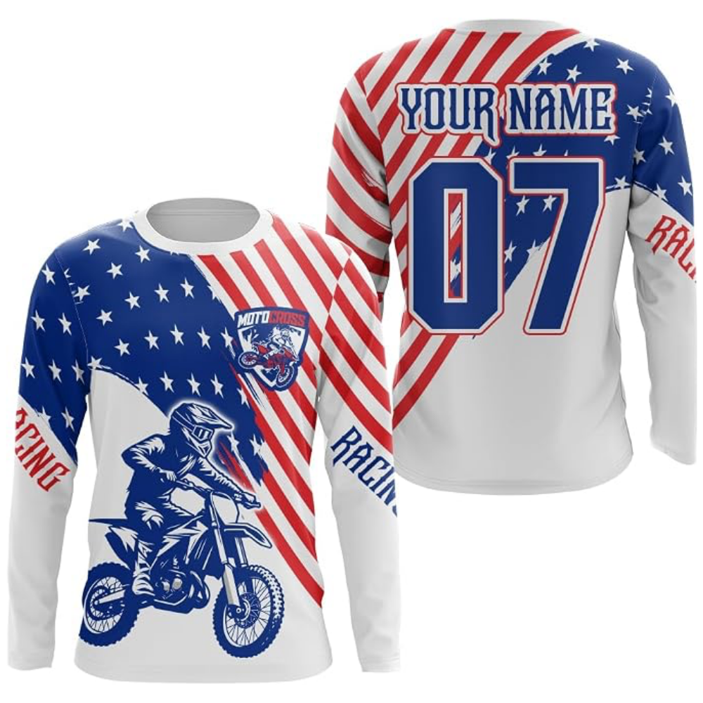 American Flag Custom Motocross Long Sleeve Jersey Mens, Custom Patriotic Racing Dirt Bike Shirts MZ0104