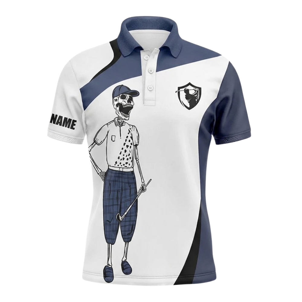Skeleton Custom White Blue Golf Mens Polo Shirt, Custom Skull Golf Shirts GZ0326