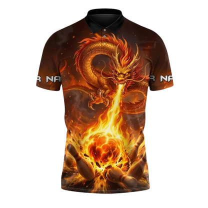 Custom Dragon Flame Bowling Polo Shirts For Men, Custom Dragon Bowling Team Shirts BZ1052