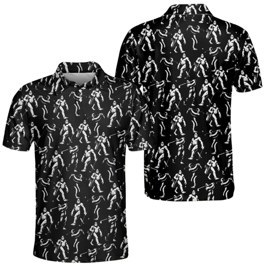 Men's Bigfoot Golf Polo Shirt Black White, Sasquatch Golf Shirt GE0581