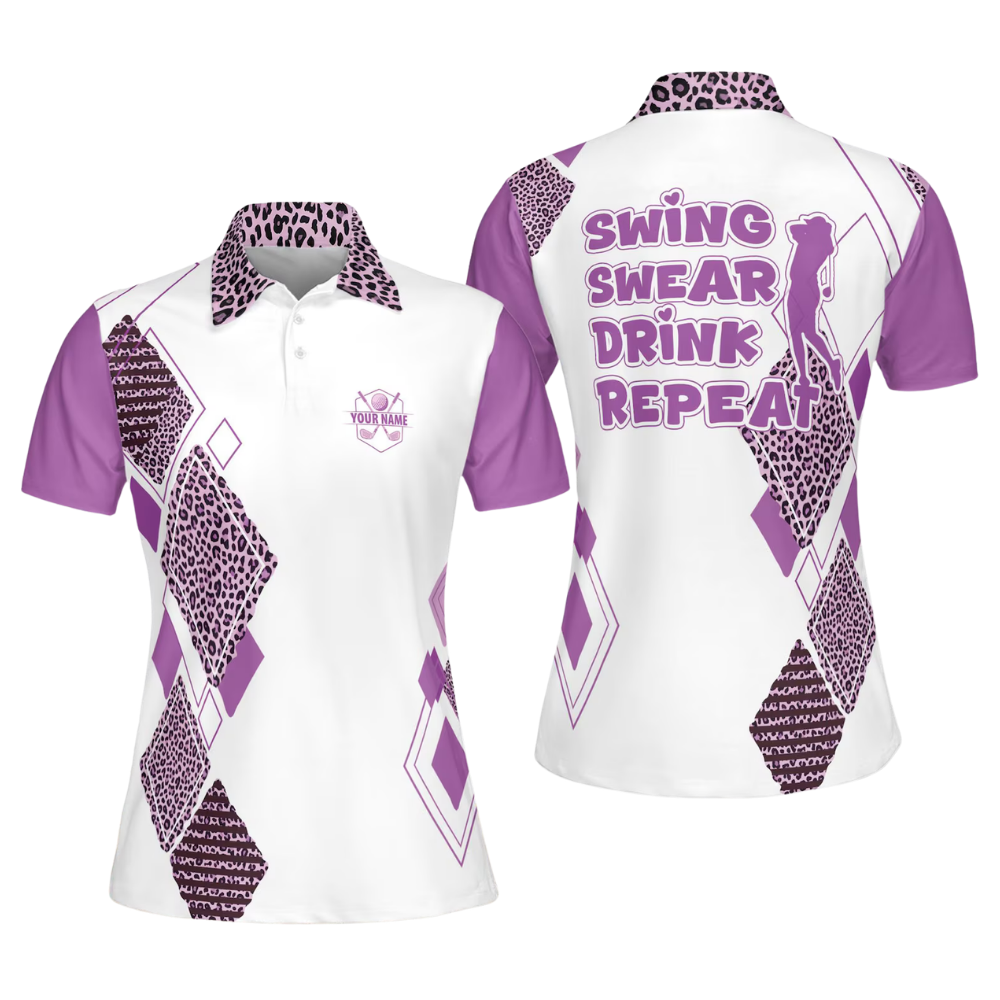 Swing Swear Drink Repeat Custom Leopard Black Pink Golf Polo Shirt Ladies, Custom Funny Golf Shirt For Women GE0601