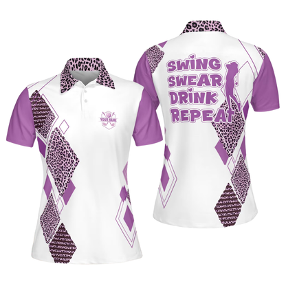 Swing Swear Drink Repeat Custom Leopard Black Pink Golf Polo Shirt Ladies, Custom Funny Golf Shirt For Women GE0601