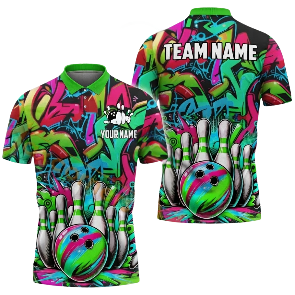 Custom Team Graffiti Multicolor Bowling Polo Shirt For Mens, Custom Bowling Team Shirts Colorfull BZ0587