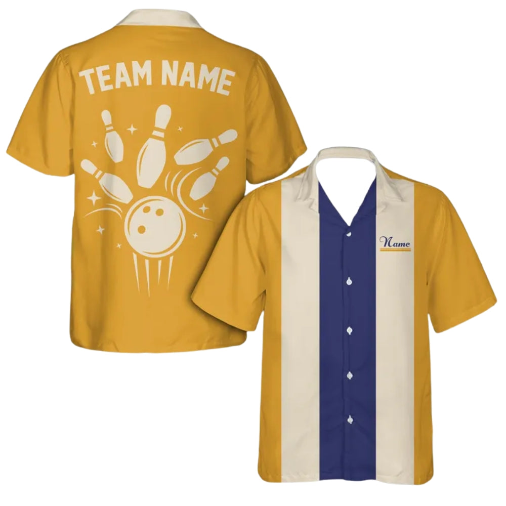 Custom Retro Blue Beige Bowling Hawaiian Shirt For Men, Custom Retro Bowling Team Shirts  BE0183