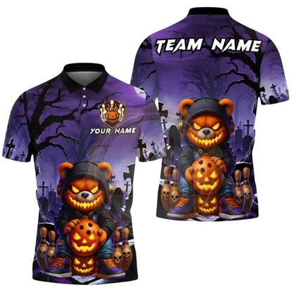 Custom Bear Pumpkin Mens Bowling Polo Shirt, Custom Halloween Bowling Shirts Team BZ0618