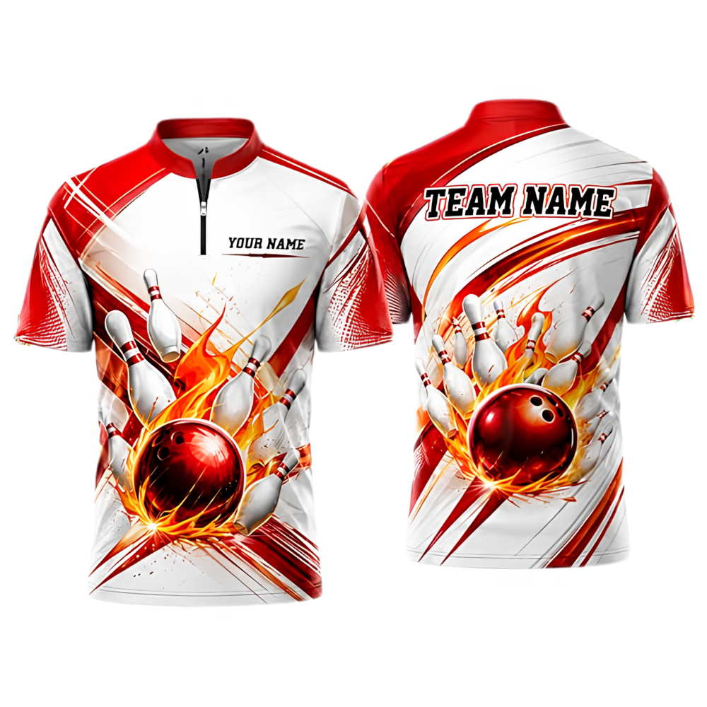 Flame Ball Custom Red White Bowling Jersey For Men, Custom Flame Bowling Team Shirts BZ0924