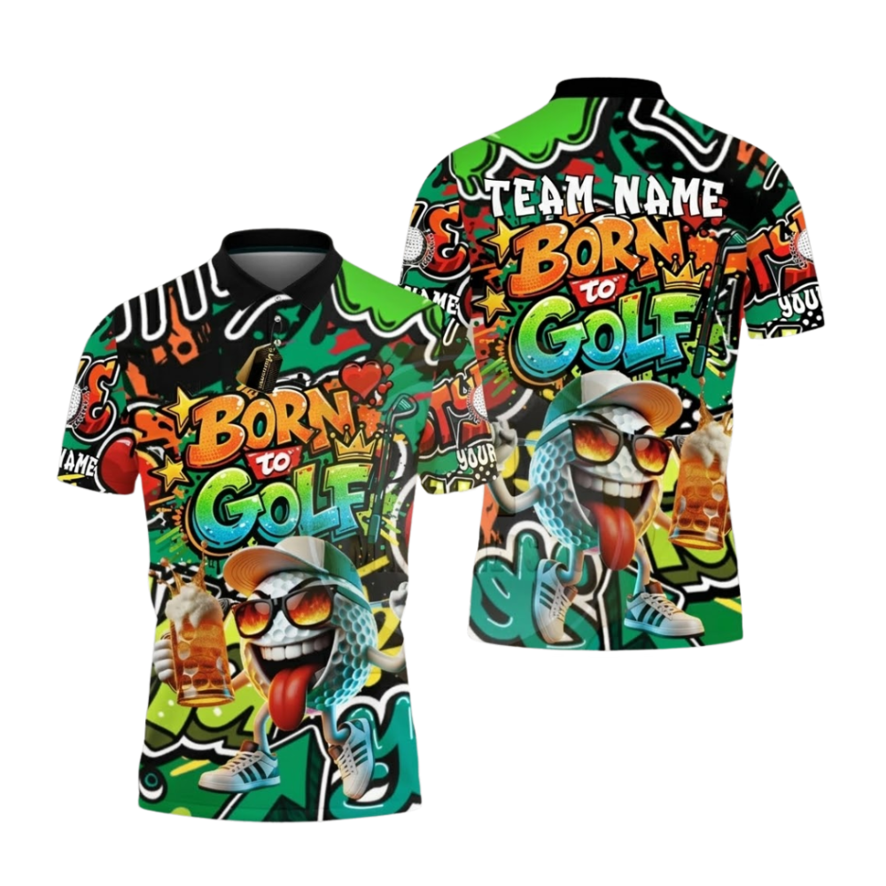 Born To Golf Personalized Team Multi Color Graffiti Beer Golf Polo Shirts Mens, Customized Funny Golf Shirts GZ0435