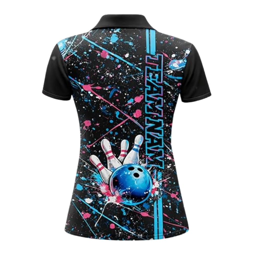 Custom Team Blue And Pink Splatter Bowling Polo Shirt Women, Custom Team Bowling Shirt For Ladies BZ0351