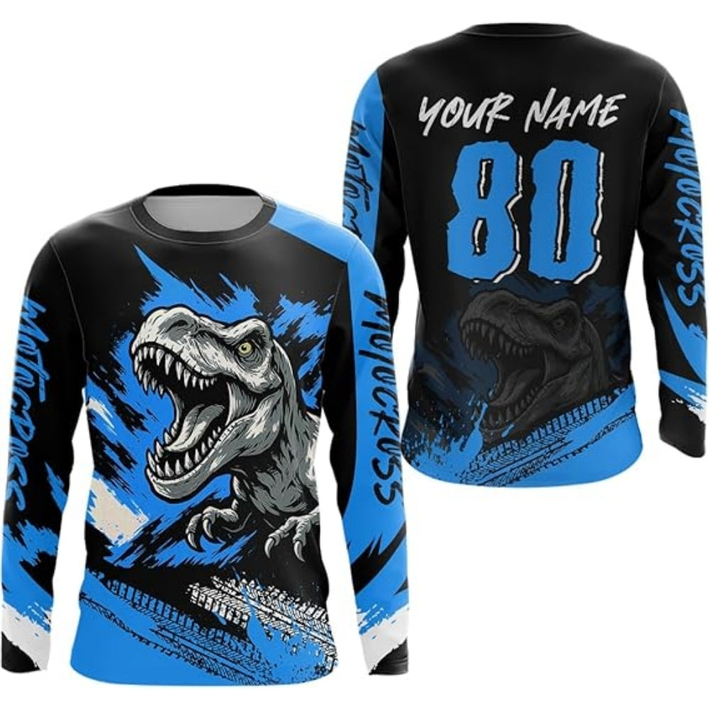 Custom Dinosaur Black And Red Men's Motocross Long Sleeve Jersey, Custom Dinosaur Motocross Jerseys MZ0021