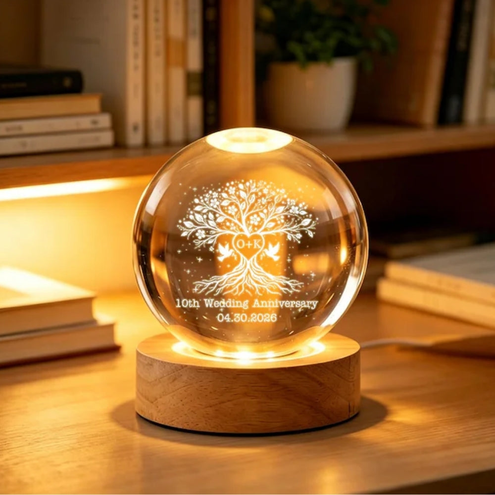 Personalized 10th Wedding Anniversary Crystal Ball Led Night Light, Custom 10 Years Anniversary Night Light WD0371