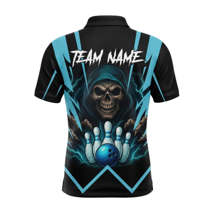 Custom Skeleton Black Cyan Bowling Mens Polo Shirt, Custom Skull Bowling Team Shirts BZ0986