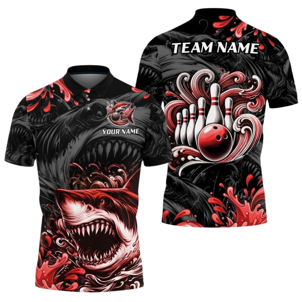 Custom Shark Men's Red Black Bowling Polo Shirt, Custom Shark Bowling Shirt For Team BZ0987