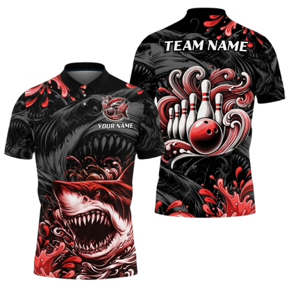 Custom Shark Men's Red Black Bowling Polo Shirt, Custom Shark Bowling Shirt For Team BZ0987