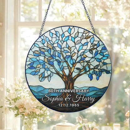 Personalised 60th Wedding Anniversary Stained Glass Suncatcher, Custom Diamond Wedding Anniversary Suncatcher WD0036