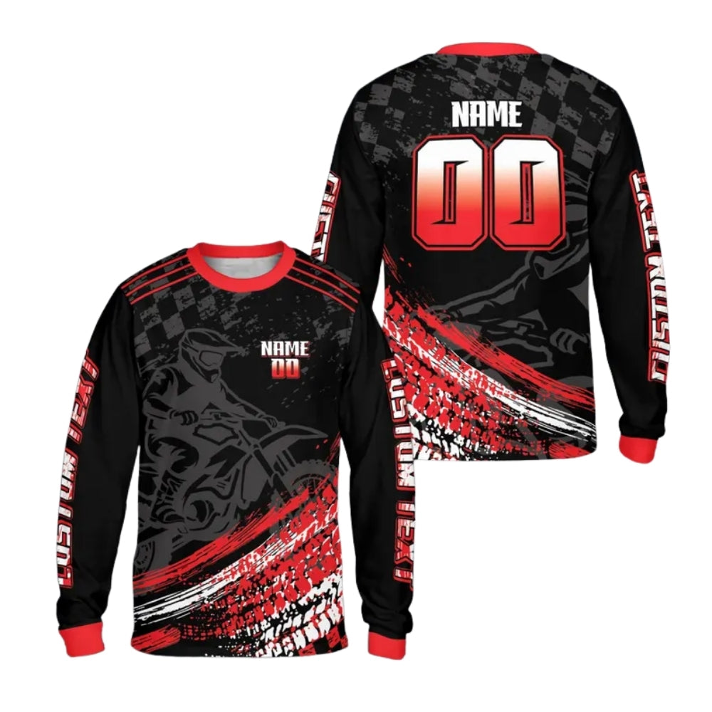 Custom Mens Black And Red Racing Motocross Long Sleeve Jersey, Custom Dirt Bike Jersey ME0061