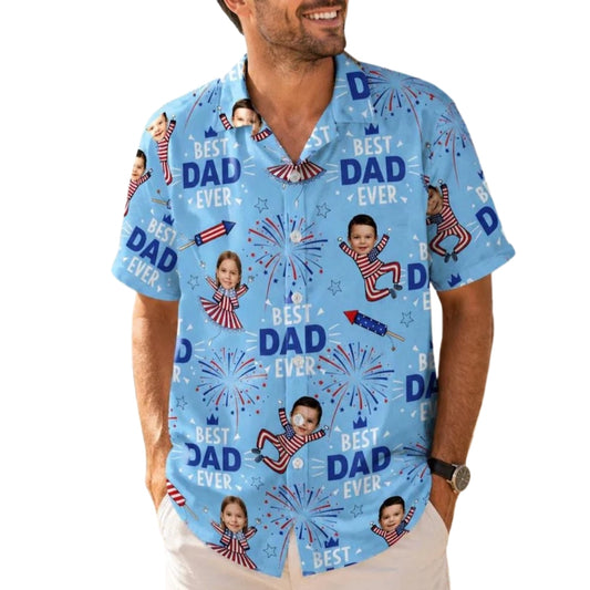 Best Dad Ever Custom Kid Face Hawaiian Shirt For Father Day 4th Of July, Custom Photo Father Day 4th Of July Hawaiian Shirts For Dad HE0225