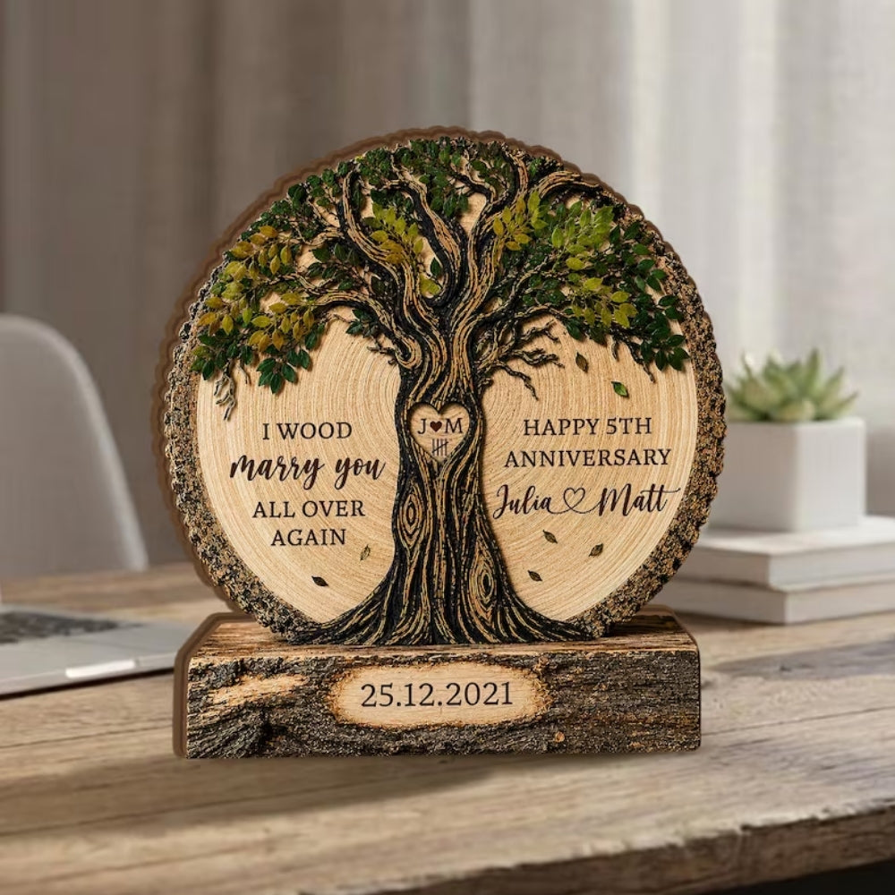 I Wood Marry You All Over Again Custom 5th Wedding Anniversary Layer Wooden Plaque, Custom 5 Years Wedding Wooden Block Keepsake WD0888