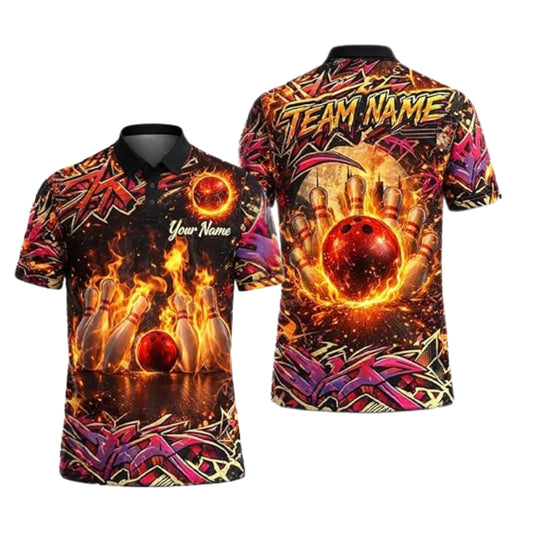 Custom Flame Graffiti Bowling Polo Shirt For Men, Custom Flame Bowling Team Shirts BZ0352